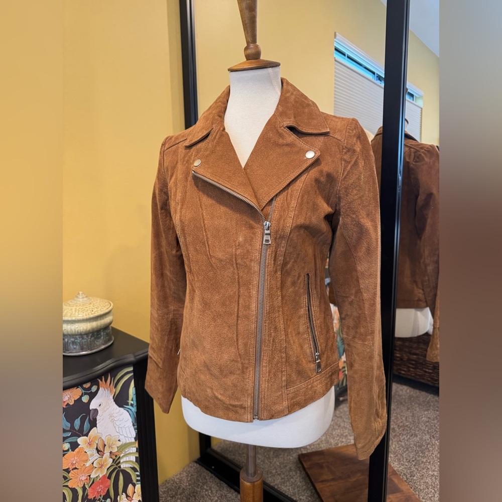 Leather Moto Bomber Jacket Tan Brown